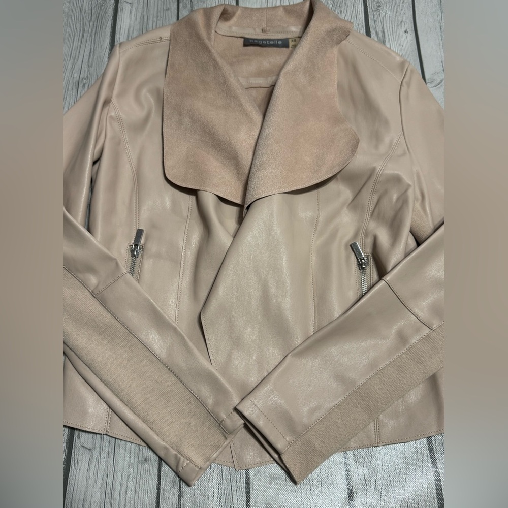 Beige Faux Leather Moto Jacket Draped Collar Soft Luxe XS